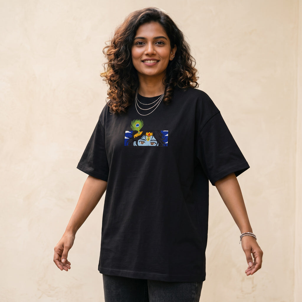Krishna Divine Eyes Embroidered Oversized T-Shirt