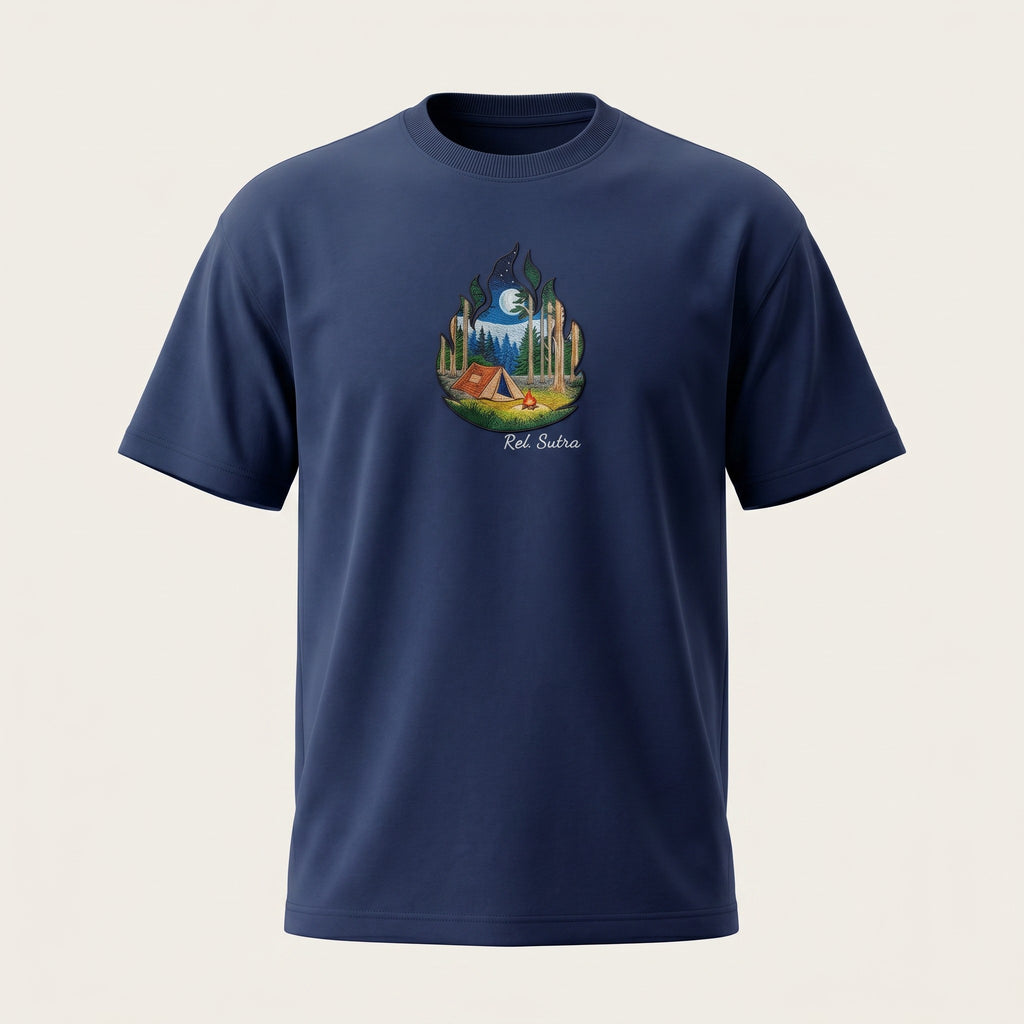 Camp Under the Stars – Premium Embroidered Terry Cotton T-Shirt (Navy Blue)