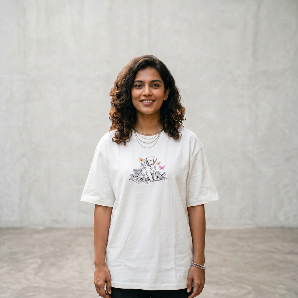 Puppy Bloom Embroidered Oversized T-Shirt