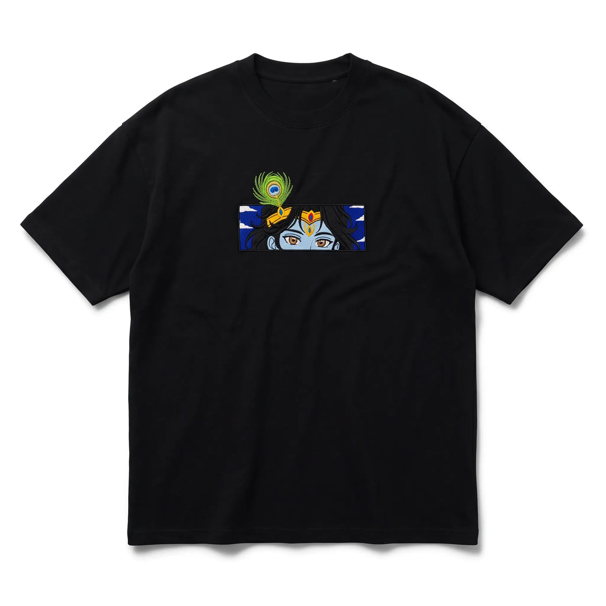 Rei Sutra black heavyweight cotton t-shirt featuring an embroidered graphic of Lord Krishna eyes and peacock feather.