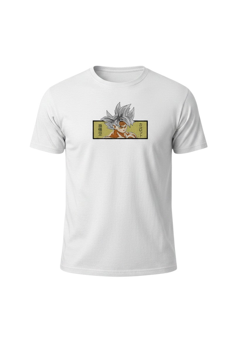 Rei Sutra white heavyweight terry cotton t-shirt featuring detailed Son Goku Ultra Instinct anime embroidery.